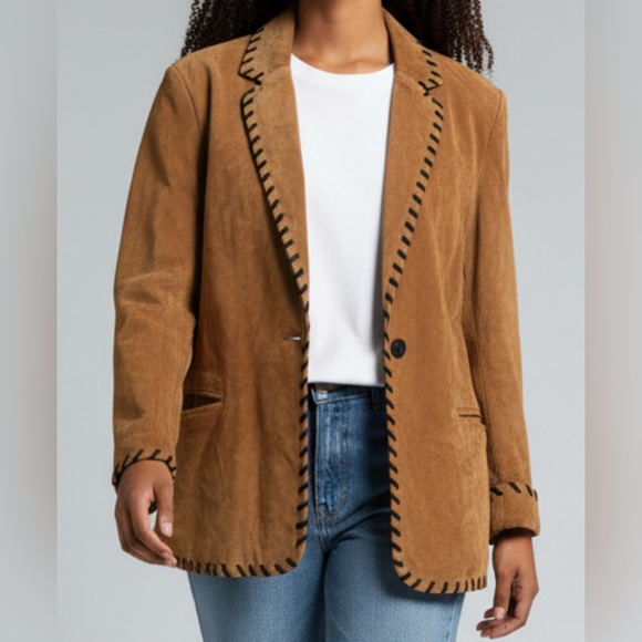 The Limited caramel suede leather jacket with distinctive black stitching trim - Picture 2 of 6
